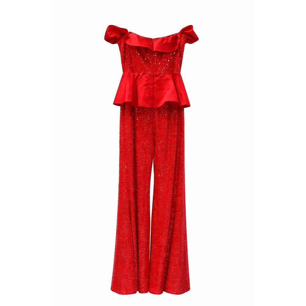 U Lady Juice Evening Jumpsuit Womens Medium Red Sequins Peplum Ruffle Glam Gala - Picture 2 of 6
